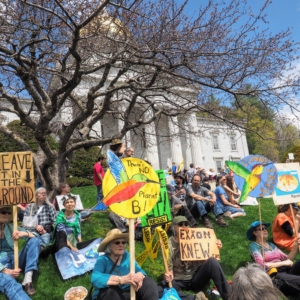 group of people outside a capital building with proteset signs about saving the environment