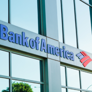 The logo of Bank of America in modern office building in Beverly Hills. Bank of America is a banking and financial services corporation. Editorial.