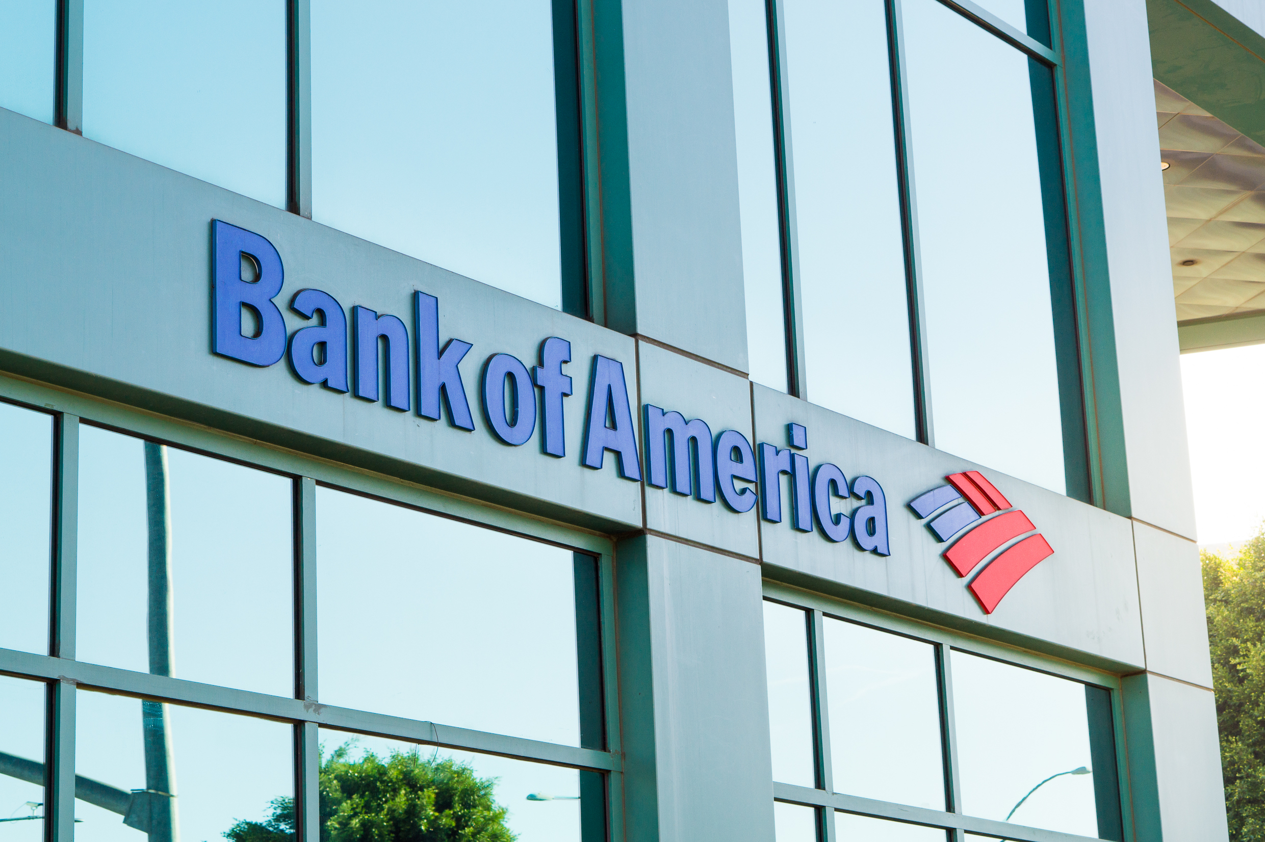 The logo of Bank of America in modern office building in Beverly Hills. Bank of America is a banking and financial services corporation. Editorial.