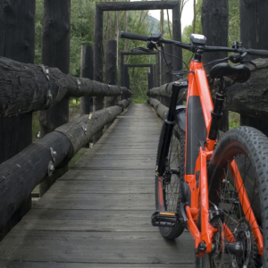 view of the back of an orange mountain bike on a narrow wooden bridge