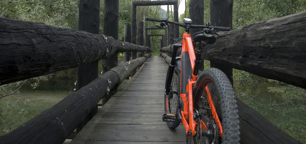 view of the back of an orange mountain bike on a narrow wooden bridge