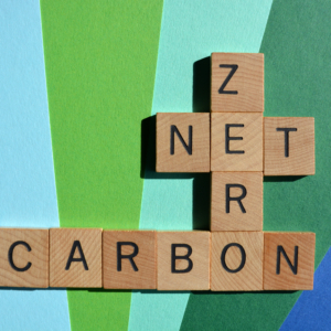 scrabble letters view from overhead spelling the words "net" "zero" and "carbon"