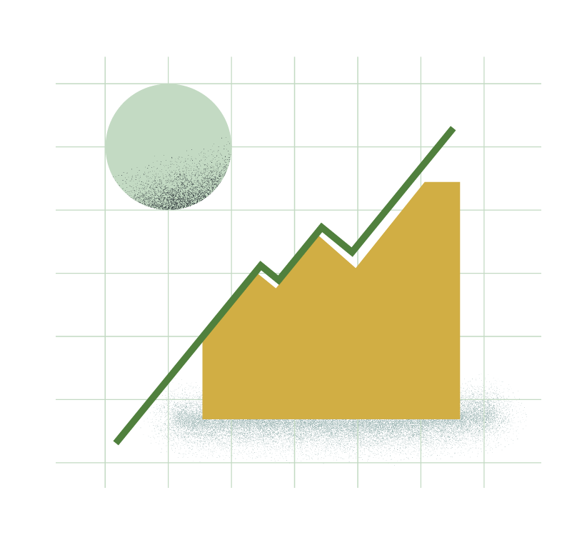 Illustration of a circle on the top left and a line graph on the bottom right.