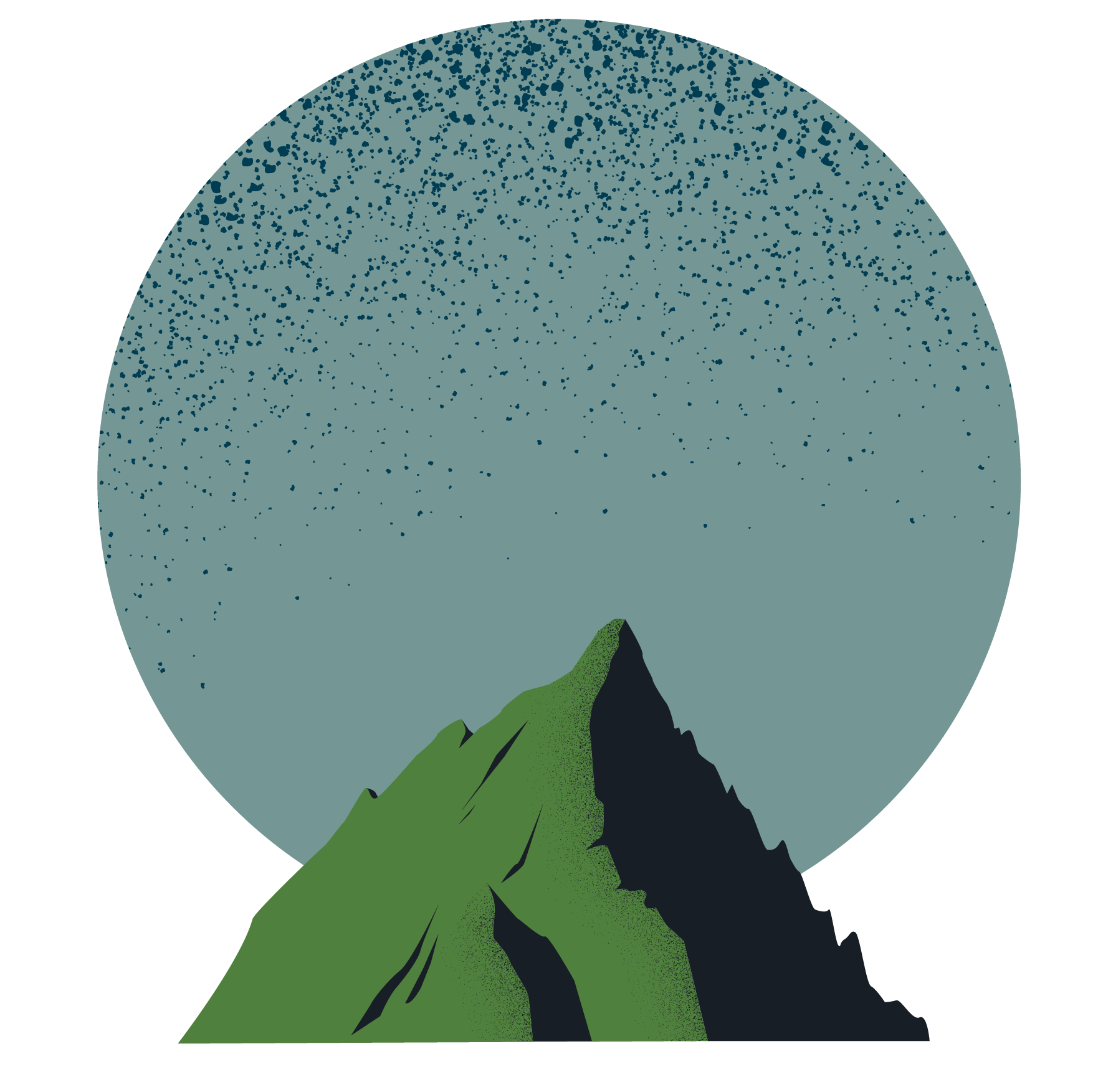 Illustration of a mountain top with a circular cutout of the sky behind it.