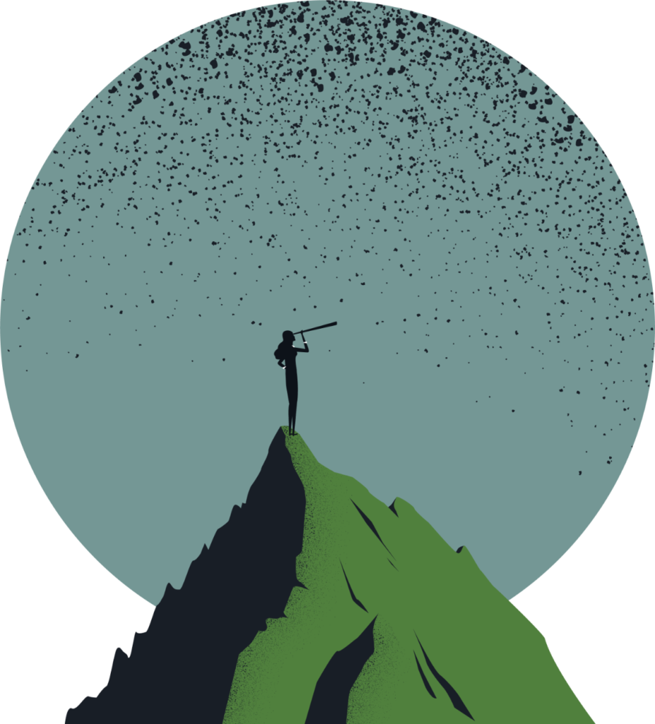 Artwork of person standing on a mountain peak using a telescope.