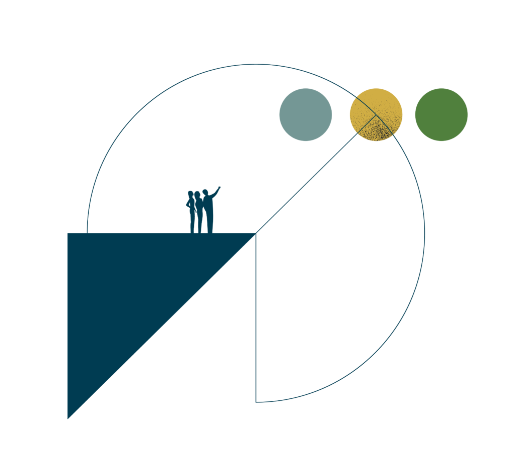 Artwork of three human figures observing three spheres at the top right.